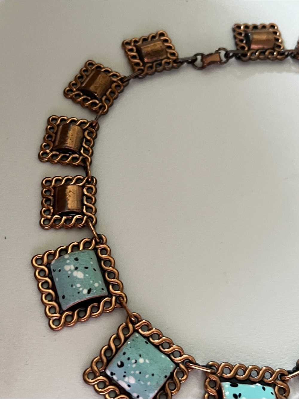 Vintage Mid-Century Copper Enamel Necklace Turquoise Speckled Squares 1950s - Picture 3 of 12
